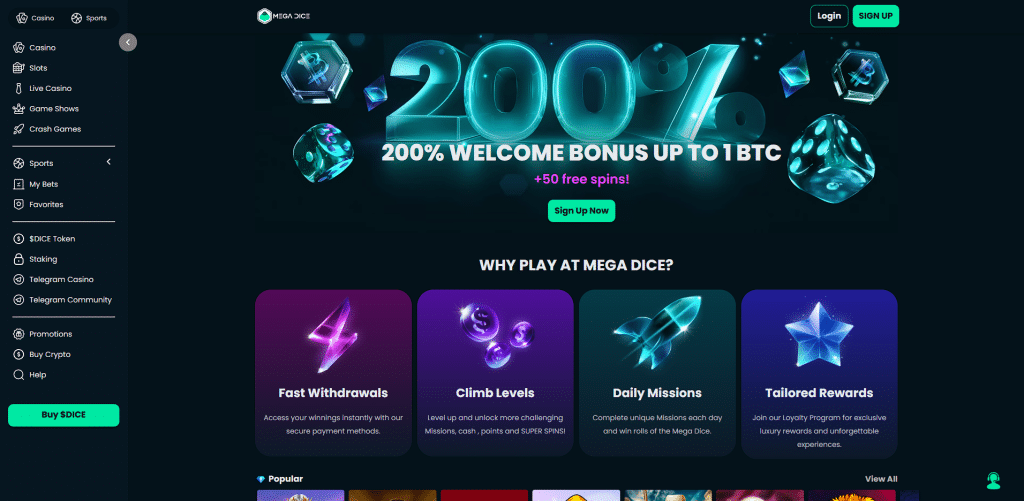 Mega Dice Casino Front Page